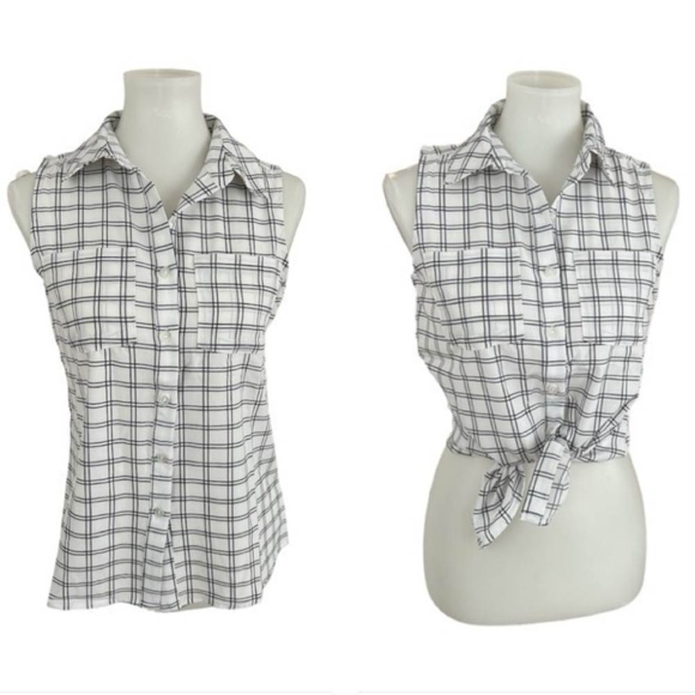 Notations sleeveless button-down checkered print top